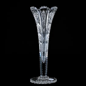 Trumpet Vase, American Brilliant Cut Glass, Signed Hawkes Teutonic Pattern