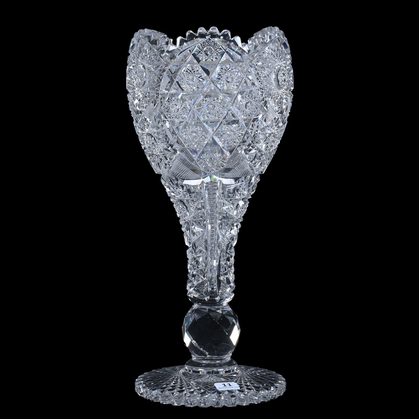 Chalice Vase, American Brilliant Cut Glass, Paris Pattern By John A. Nelson Cut Glass Mfg. Of: Chalice Vase, American Brilliant Cut Glass, Paris Pattern By John A. Nelson Cut Glass Mfg. Of Brooklyn, NY, 14" x 6.25", Scalloped Hobstar Foot, Facet Cut Ball Stem, Quality Example, Mike & Sandra Hac