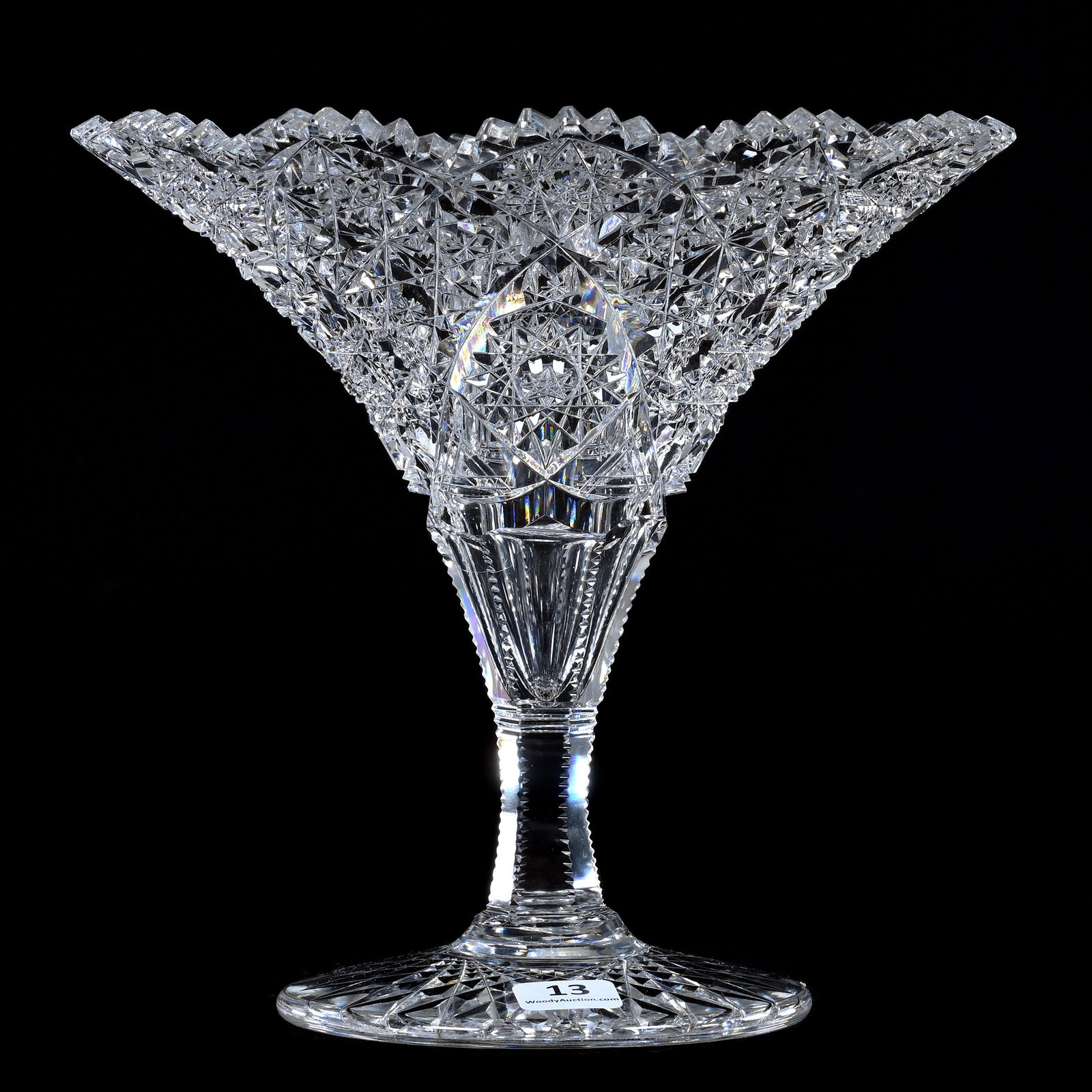 Tazza Vase, American Brilliant Cut Glass, Hobstars With Interlocking Vesica Motif: Tazza Vase, American Brilliant Cut Glass, Hobstars With Interlocking Vesica Motif, 8" x 8.25", Hobstar Foot, Clear Blank, Mike & Sandra Hackney, Georgia.