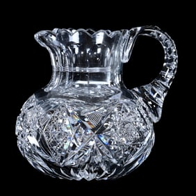Squat Milk Pitcher, American Brilliant Cut Glass, Pattern Resembles Corinthian By Straus