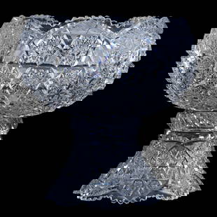 Punch Bowl, Two Part, American Brilliant Cut Glass: Punch Bowl, Two Part, American Brilliant Cut Glass, 14.75" x 14", Hobstar Cluster With Hobstar & Strawberry Diamond Highlights, Pattern Cut Skirted Base, Total Weight Of Over 23 Pounds, Mike & Sandra