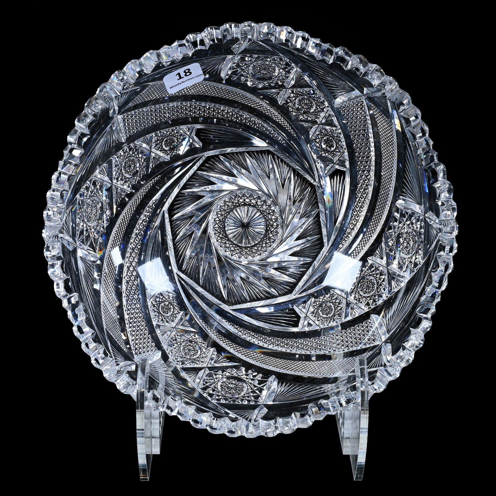 Bowl, American Brilliant Cut Glass, Pinwheel Center With Comet Style Border: Bowl, American Brilliant Cut Glass, Pinwheel Center With Comet Style Border, 2.75" x 9", Georgia Private Collection.