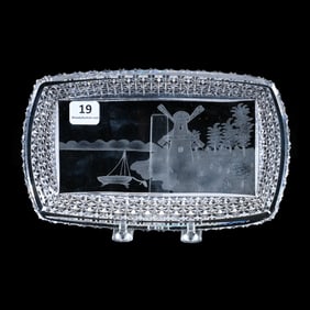 Rectangular Tray, American Brilliant Cut Glass, Engraved Mill & Sailboat Scenic Decor, Kohinoor