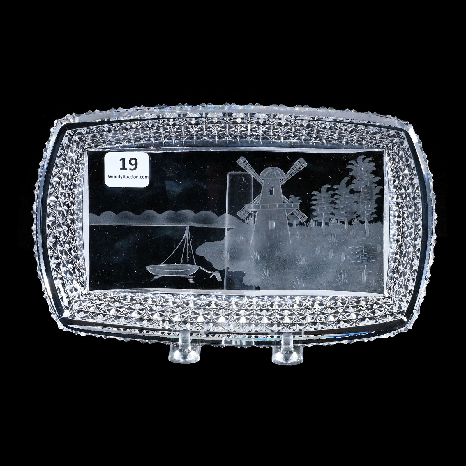 Rectangular Tray, American Brilliant Cut Glass, Engraved Mill & Sailboat Scenic Decor, Kohinoor (1 of 2)