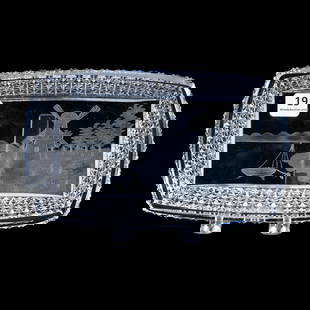 Rectangular Tray, American Brilliant Cut Glass, Engraved Mill & Sailboat Scenic Decor, Kohinoor: Rectangular Tray, American Brilliant Cut Glass, Engraved Mill & Sailboat Scenic Decor, Kohinoor Border By Hawkes, 7.75" x 4.75", Mike & Sandra Hackney, Georgia.