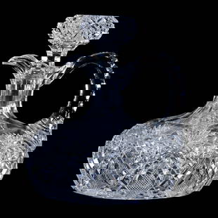 Ship's Decanter, American Brilliant Cut Glass, Signed Hawkes Gladys Pattern: Ship's Decanter, American Brilliant Cut Glass, Signed Hawkes Gladys Pattern, 7" x 6.25", Triple Notched Handle, Ray Cut Base, Some Pattern Roughness, Georgia Private Collection.