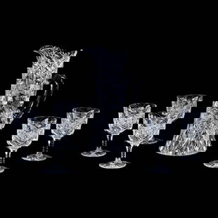 Tankard Set, American Brilliant Cut Glass: Tankard Set, American Brilliant Cut Glass, (1) 13.75" x 7.5" Tankard Featuring Butterfly With Wonderful Geometric Highlights, Triple Notched Handle, Hobstar Base, Rim Nick, (5) Matching 6" x 3.25"