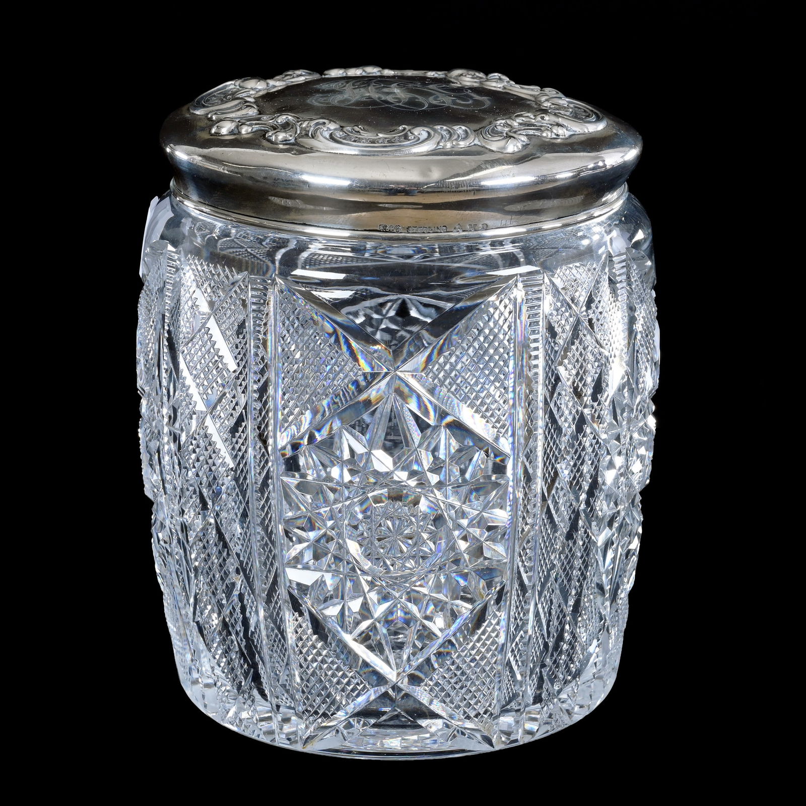 Humidor, American Brilliant Cut Glass, Alternating Panels Of Hobstar, Strawberry Diamond & Prism: Humidor, American Brilliant Cut Glass, Alternating Panels Of Hobstar, Strawberry Diamond & Prism Motif, 6.25" x 5.25", Hobstar Cut Base, Gorham Sterling Silver Embossed Fitted Lid, Georgia Private Col