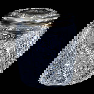 Humidor, American Brilliant Cut Glass, Alternating Panels Of Hobstar, Strawberry Diamond & Prism: Humidor, American Brilliant Cut Glass, Alternating Panels Of Hobstar, Strawberry Diamond & Prism Motif, 6.25" x 5.25", Hobstar Cut Base, Gorham Sterling Silver Embossed Fitted Lid, Georgia Private