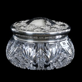 Covered Powder Jar, American Brilliant Cut Glass, Four Sections Of Hobstar, Vesica, Tusk, Strawberry