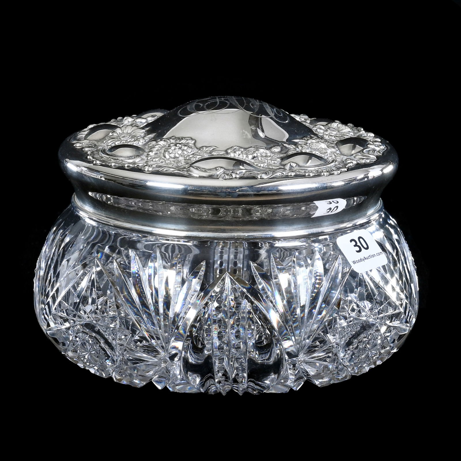 Covered Powder Jar, American Brilliant Cut Glass, Four Sections Of Hobstar, Vesica, Tusk, Strawberry: Covered Powder Jar, American Brilliant Cut Glass, Four Sections Of Hobstar, Vesica, Tusk, Strawberry Diamond, Prism & Fan, 4.5" x 6.5", Embossed Sterling Silver Lid Marked Redlich, Georgia Private Col