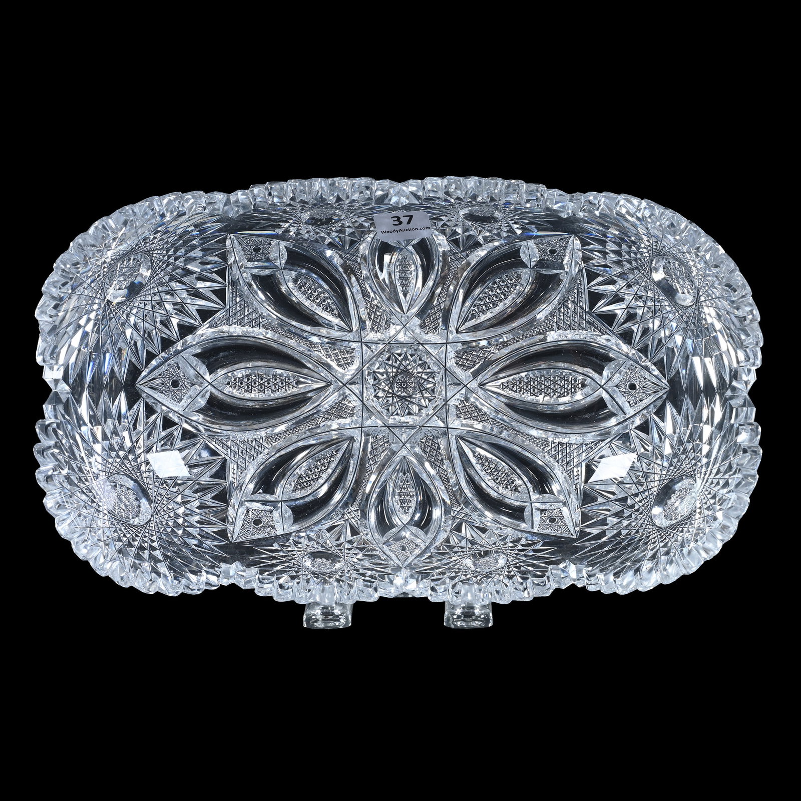 Oval Bread Bowl, American Brilliant Cut Glass, Columbia Pattern By Libbey: Oval Bread Bowl, American Brilliant Cut Glass, Columbia Pattern By Libbey, 3.5" x 11.25" x 6.75", Rare Example, One Serious Tooth Chip, Mike & Sandra Hackney, Georgia.