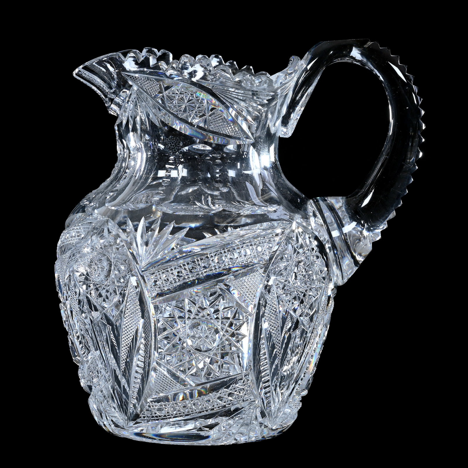 Pitcher, American Brilliant Cut Glass, Well Cut Pattern Featuring Hobstar, Vesica, Cane, Strawberry: Pitcher, American Brilliant Cut Glass, Well Cut Pattern Featuring Hobstar, Vesica, Cane, Strawberry Diamond, Prism & Fan, 8" x 7", Tri-Corner Pattern Cut Spout, Hobstar Base, Tooth Chip, Georgia Priva