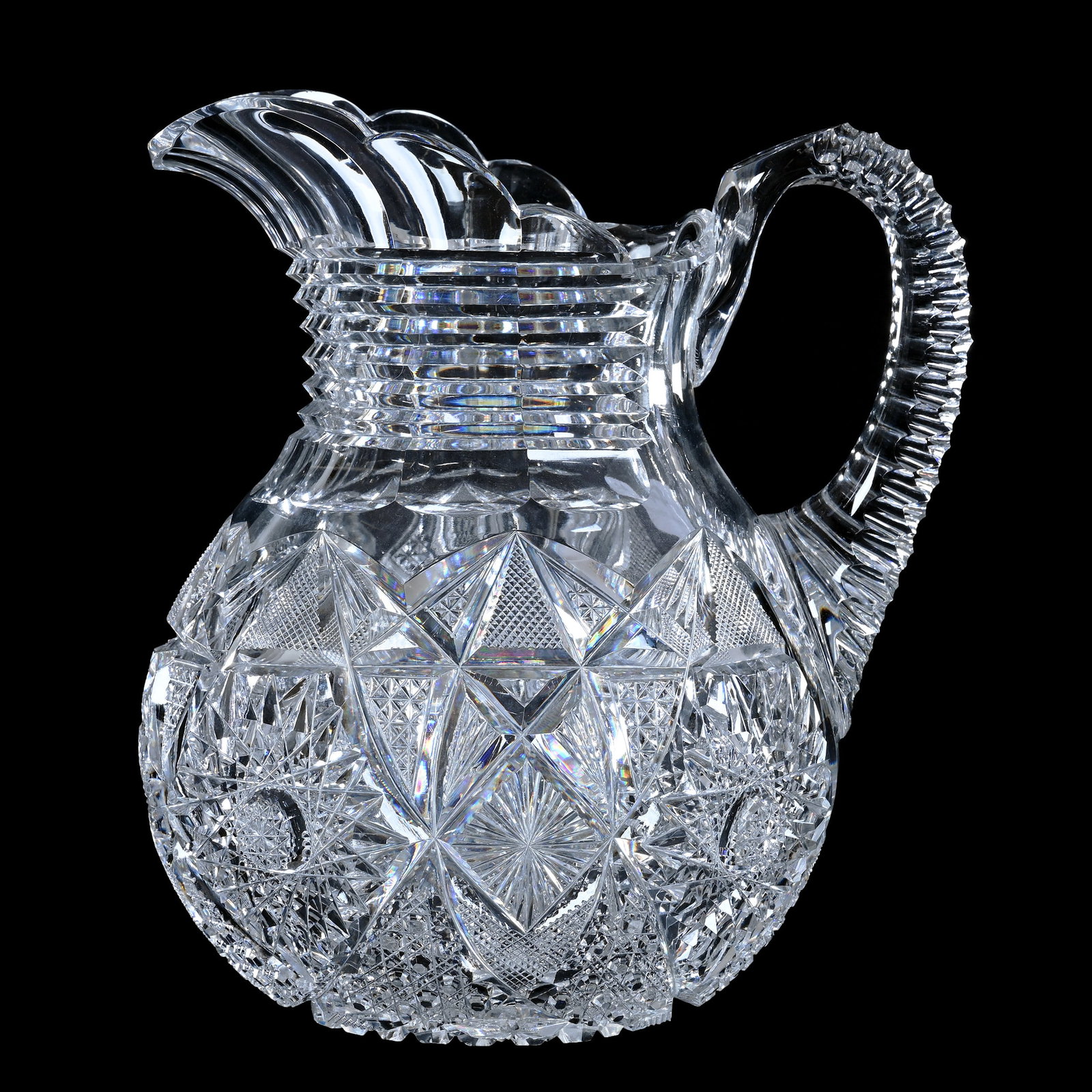 Water Pitcher, American Brilliant Cut Glass: Water Pitcher, American Brilliant Cut Glass, 8" x 7", Hobstar, Vesica, Cane, Strawberry Diamond, Star And Fan Motif, Step Cut Neck, Triple Notched Handle, Hobstar Base, Nice Quality, Georgia Private C