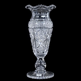 Pedestal Vase, American Brilliant Cut Glass, Panels Of Hobstar, Nailhead Diamond, Strawberry Diamond