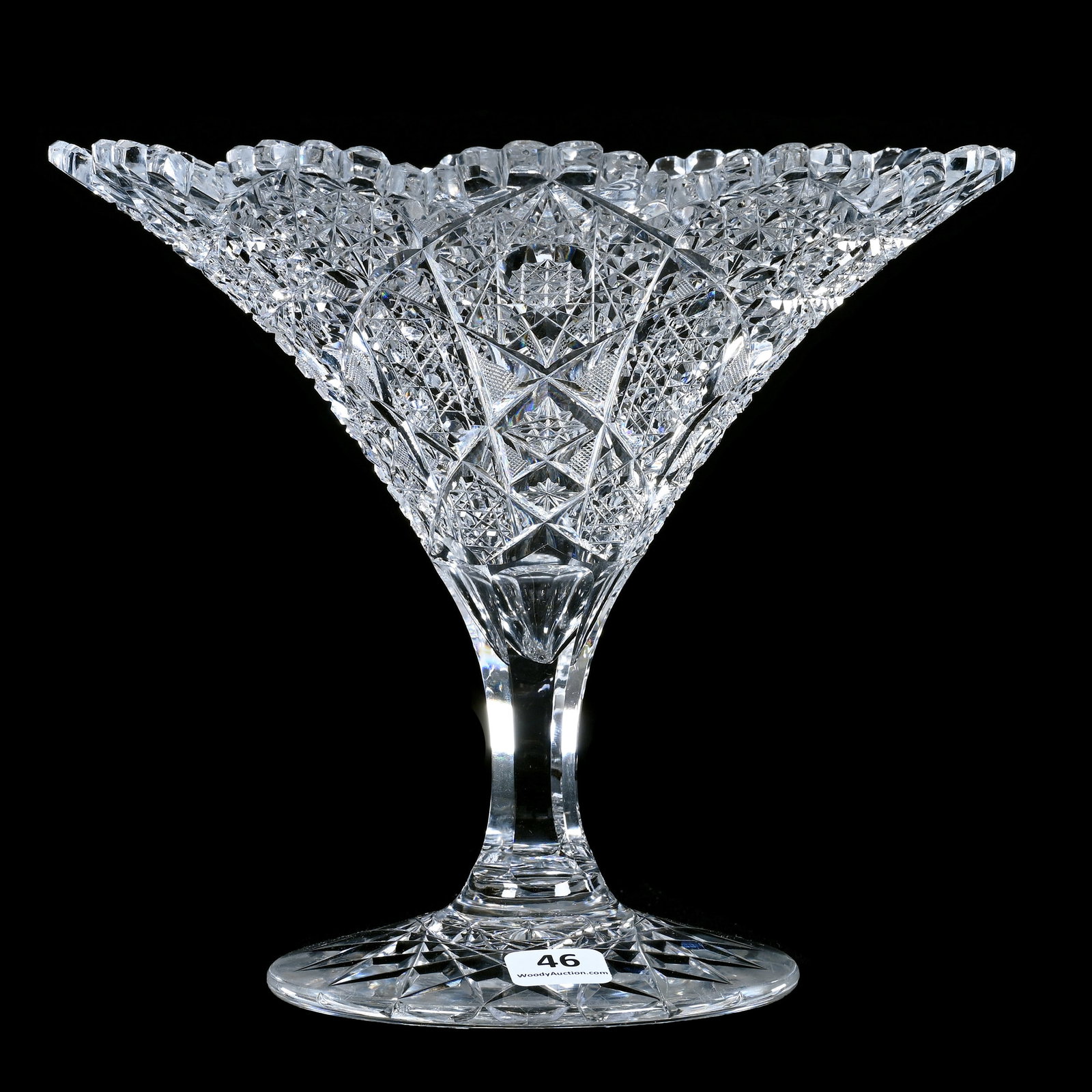 Tazza, American Brilliant Cut Glass, Twelve Alternating Sections Of Hobstar, Strawberry Diamond &: Tazza, American Brilliant Cut Glass, Twelve Alternating Sections Of Hobstar, Strawberry Diamond & Cane Motif, 7.5" x 8.5", Hobstar Foot, Georgia Private Collection.