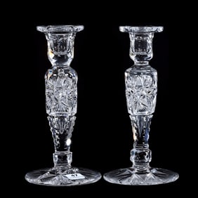 Pair Candlesticks, American Brilliant Cut Glass, Flashed Hobstar With Strawberry Diamond & Fan