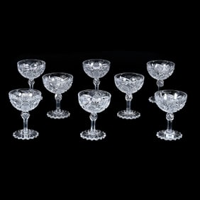(8) Saucer Champagne Stems, American Brilliant Cut Glass, Monarch Pattern By J. Hoare