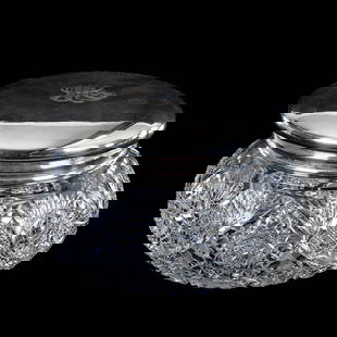 Massive Dresser Box, American Brilliant Cut Glass: Massive Dresser Box, American Brilliant Cut Glass, 6" x 9.5", Hobstar, Strawberry Diamond, Cane And Fan Motif, Sterling Silver Rim & Fitted Lid Marked Mauser, Georgia Private Collection.