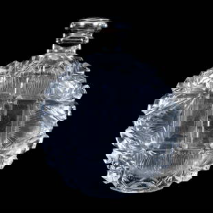 Circular Flask Perfume Bottle, BPCG, Geometric Cut Designs: Circular Flask Perfume Bottle, BPCG, Geometric Cut Designs, 3.25" x 2.5" x 1", Sterling Silver Flip Lid Marked Birmingham England, Dated 1910, Original Glass Stopper, Georgia Private Collection.