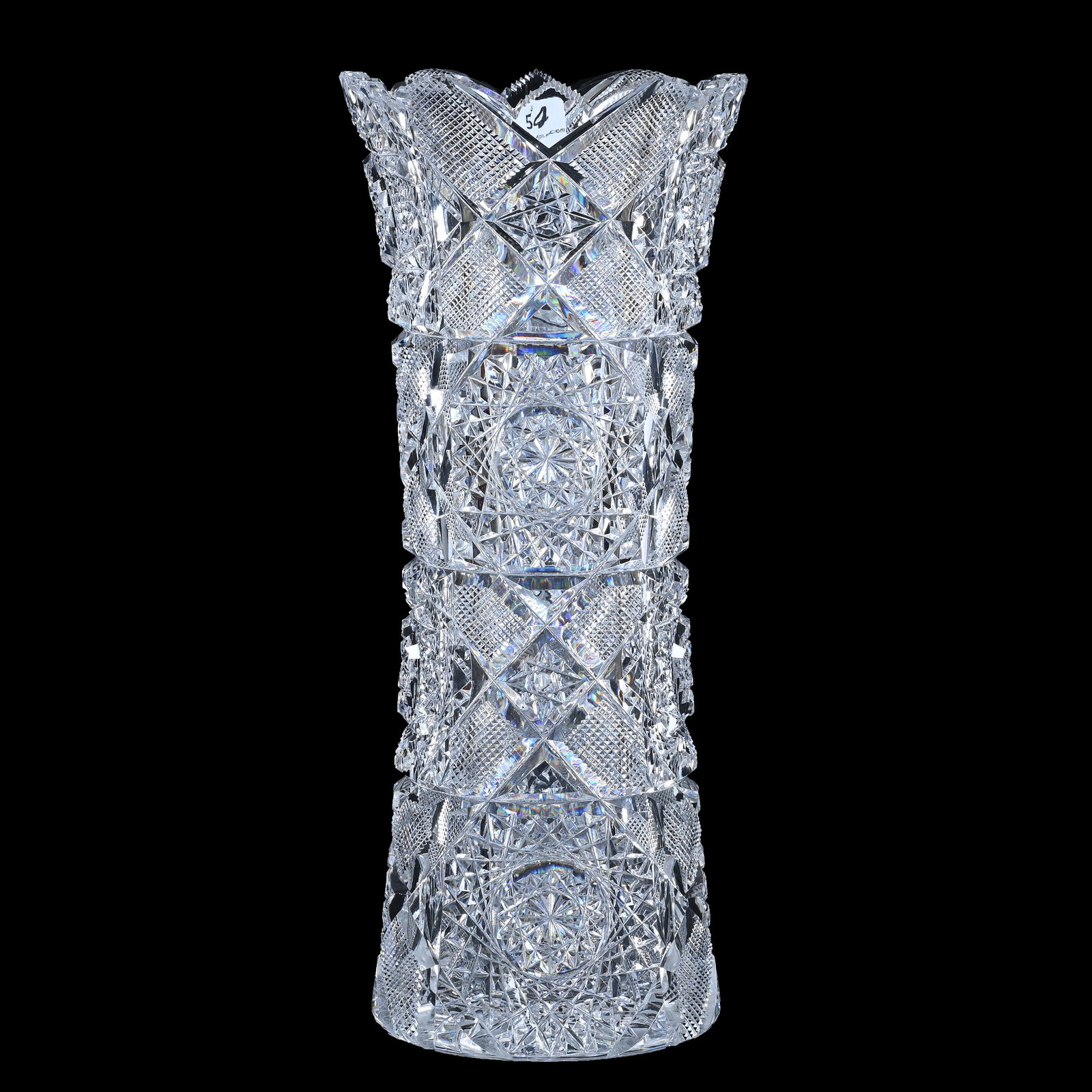 Vase, American Brilliant Cut Glass, Arcadia Type Pattern, Heavy Blank: Vase, American Brilliant Cut Glass, Arcadia Type Pattern, Heavy Blank, 14" x 5.75", Hobstar Base, Rim Nick, Base Chip, Pattern Chip, Georgia Private Collection.