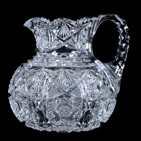 Pitcher, American Brilliant Cut Glass, Well Cut Sections Of Hobstar, Strawberry Diamond, Cane, Fan,
