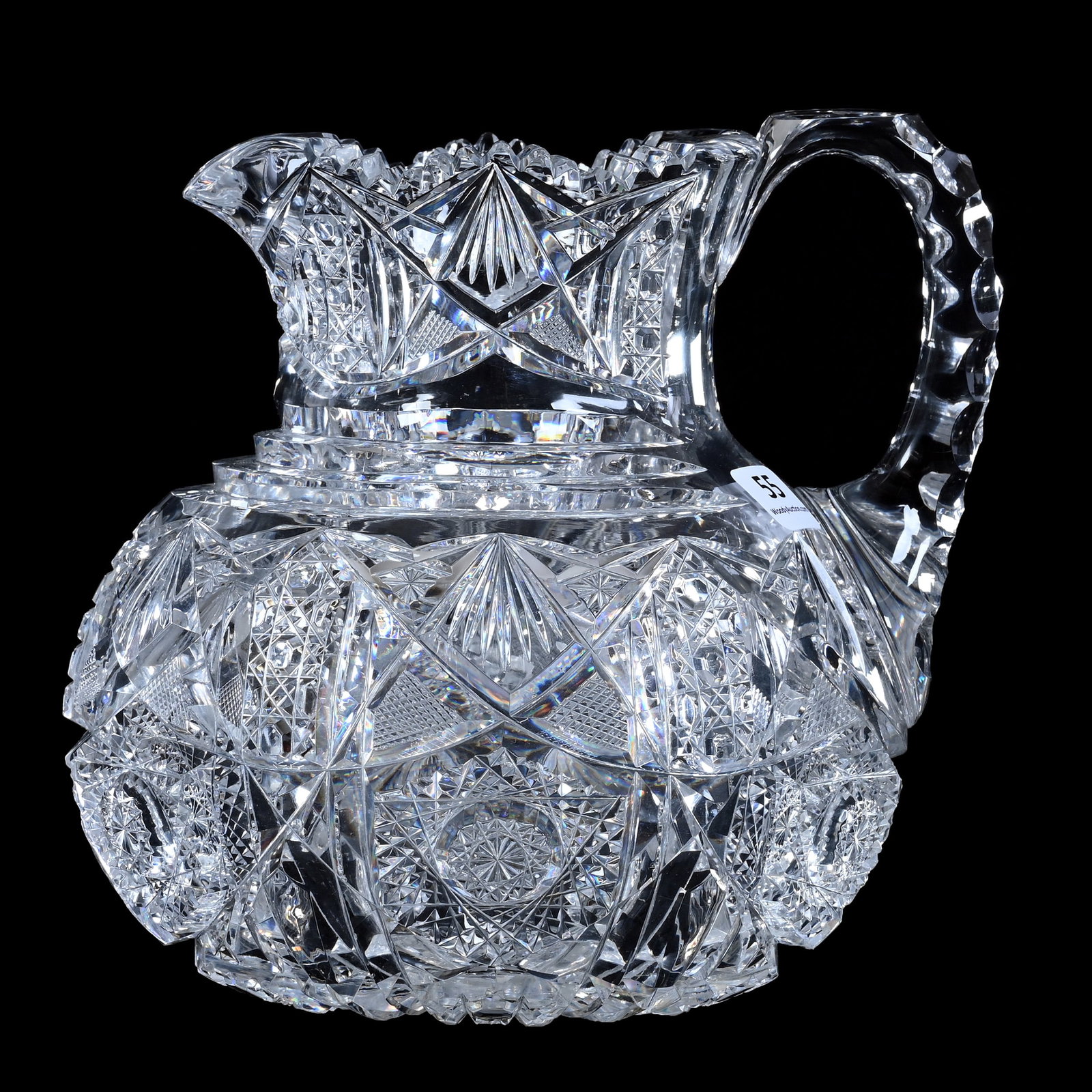 Pitcher, American Brilliant Cut Glass, Well Cut Sections Of Hobstar, Strawberry Diamond, Cane, Fan,: Pitcher, American Brilliant Cut Glass, Well Cut Sections Of Hobstar, Strawberry Diamond, Cane, Fan, Star, Tusk & Prism, 7" x 7", Pattern Cut Rim, Triple Notched Handle, Some Miter Chips, Mike & Sandra