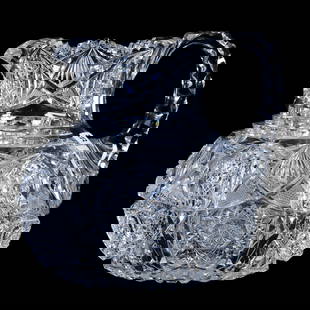 Pitcher, American Brilliant Cut Glass, Well Cut Sections Of Hobstar, Strawberry Diamond, Cane, Fan,: Pitcher, American Brilliant Cut Glass, Well Cut Sections Of Hobstar, Strawberry Diamond, Cane, Fan, Star, Tusk & Prism, 7" x 7", Pattern Cut Rim, Triple Notched Handle, Some Miter Chips, Mike &