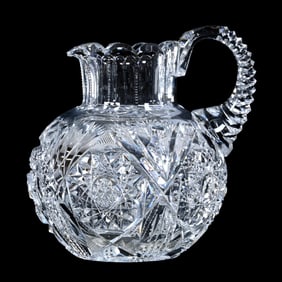 Small Milk Jug, American Brilliant Cut Glass, Deeply Cut Hobstars With Prism, Strawberry Diamond And
