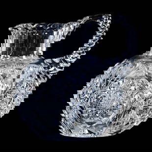 Small Milk Jug, American Brilliant Cut Glass, Deeply Cut Hobstars With Prism, Strawberry Diamond And: Small Milk Jug, American Brilliant Cut Glass, Deeply Cut Hobstars With Prism, Strawberry Diamond And Fan Highlights, 5.75" x 5.5", Notched Handle, Hobstar Base, Georgia Private Collection.