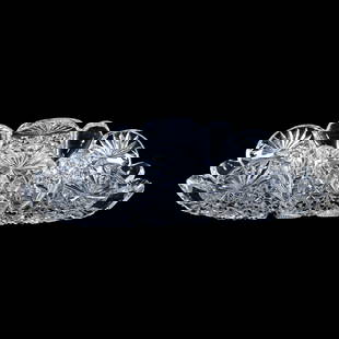 Folded Tray, American Brilliant Cut Glass, Grecian Pattern By Hawkes: Folded Tray, American Brilliant Cut Glass, Grecian Pattern By Hawkes, 3" x 9.75" x 6", Good Fluorescence Under Black Light, Rim Chips, Mike & Sandra Hackney, Georgia.