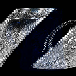 Pitcher, American Brilliant Cut Glass, Pattern #50 By Dorflinger: Pitcher, American Brilliant Cut Glass, Pattern #50 By Dorflinger, 7" x 6.75", Sterling Silver Embossed Rim Marked Dominick & Haff, Hobstar Base, Georgia Private Collection.