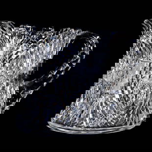 Cider Pitcher, American Brilliant Cut Glass, Ramona Pattern By Pairpoint: Cider Pitcher, American Brilliant Cut Glass, Ramona Pattern By Pairpoint, 6.5" x 7.75", Double Notched Handle, Ray Cut Base, Clear Blank, Georgia Private Collection.