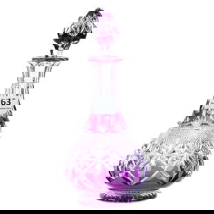 Cruet Bottle, BPCG, Amethyst Cut To Clear: Cruet Bottle, BPCG, Amethyst Cut To Clear, 7.5" x 3.25", Strawberry Diamond Band With Star And Miter Highlights, Pattern Cut Stopper, Ray Cut Foot, Mike & Sandra Hackney, Georgia.