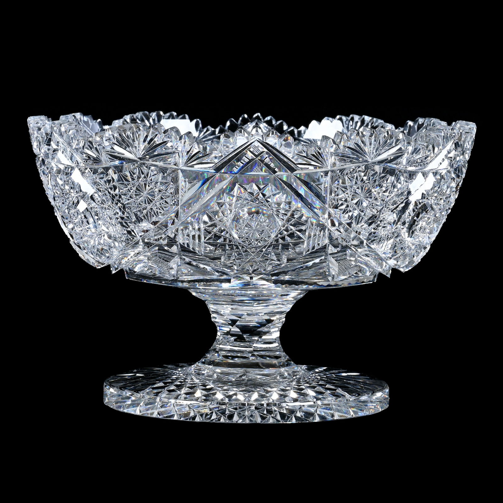 Pedestal Bowl, American Brilliant Cut Glass, Wamsutta Pattern By Pairpoint: Pedestal Bowl, American Brilliant Cut Glass, Wamsutta Pattern By Pairpoint, 6" x 9.25", Large Hobstar Foot, Rare Form As These Are Generally Shown With Two Handles, First Time Woody Auction Has Sold T