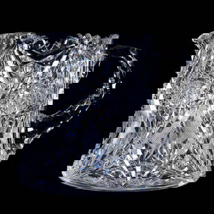 Cider Pitcher, American Brilliant Cut Glass, Lotus Pattern By Egginton: Cider Pitcher, American Brilliant Cut Glass, Lotus Pattern By Egginton, 6.25" x 7.5", Triple Notched Handle, Ray Cut Base, Georgia Private Collection.