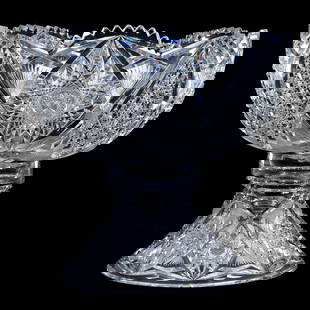 Punch Bowl, Two Part, American Brilliant Cut Glass, Corinthian Pattern By Straus: Punch Bowl, Two Part, American Brilliant Cut Glass, Corinthian Pattern By Straus, 13.25" x 14", Total Weight Of Over 20 Pounds, Tooth Chip, Georgia Private Collection.