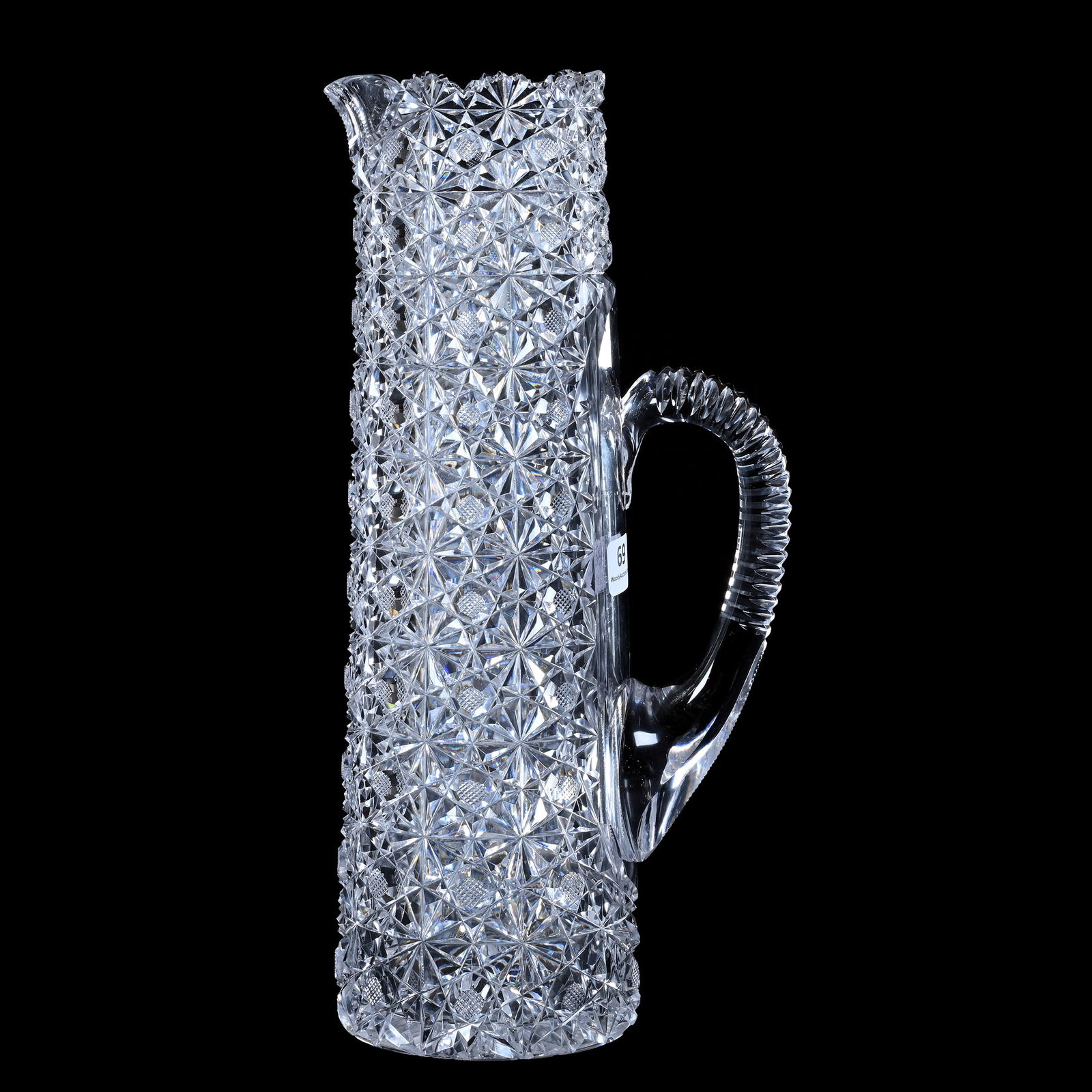 Tankard, American Brilliant Cut Glass, Russian Ambassador Pattern (Modern Term): Tankard, American Brilliant Cut Glass, Russian Ambassador Pattern (Modern Term), 12" x 5.75", Notched Handle, Ray Cut Base, Mike & Sandra Hackney, Georgia.