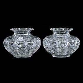 (2) Flower Centers, American Brilliant Cut Glass, Signed Hawkes, Hobstar, Fan And Bullseye Motif