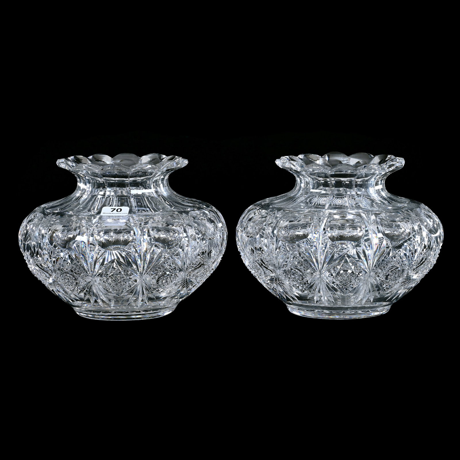 (2) Flower Centers, American Brilliant Cut Glass, Signed Hawkes, Hobstar, Fan And Bullseye Motif: (2) Flower Centers, American Brilliant Cut Glass, Signed Hawkes, Hobstar, Fan And Bullseye Motif, 5.25" x 7.25", Hobstar Base, Nice Weight, Georgia Private Collection. UPDATED 11-6-25: Hard To See Haw