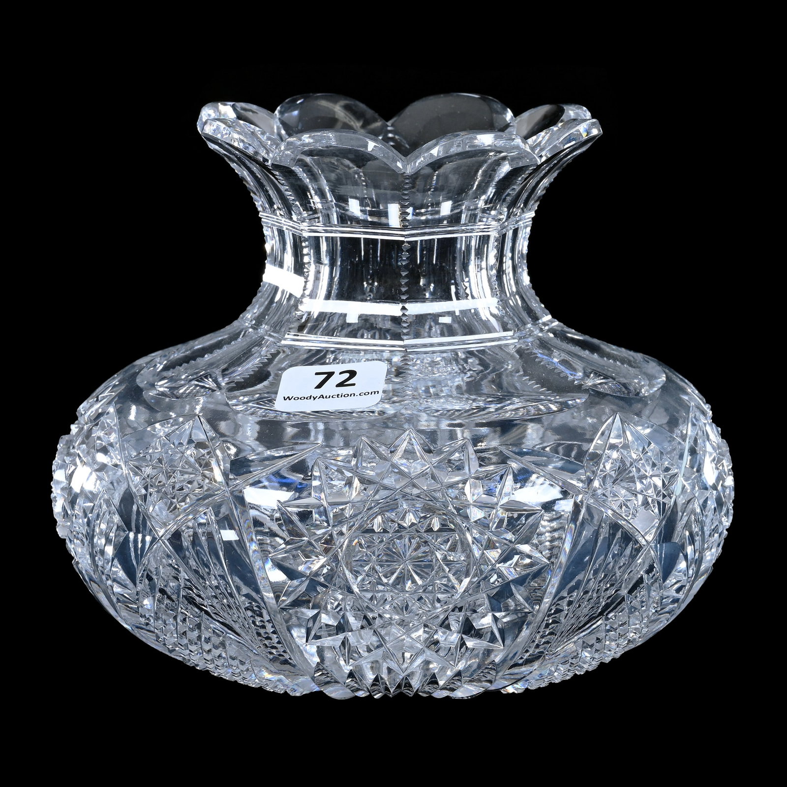 Flower Center, American Brilliant Cut Glass, Hobstar, Vesica, Crosscut Diamond And Fan Motif: Flower Center, American Brilliant Cut Glass, Hobstar, Vesica, Crosscut Diamond And Fan Motif, 4.5" x 6", Minor Miter Nick, Also Rim Nick, Georgia Private Collection.