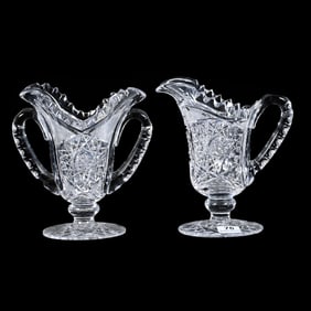 Pedestal Creamer & Sugar, American Brilliant Cut Glass, Hobstar, Strawberry Diamond And Vesica Motif