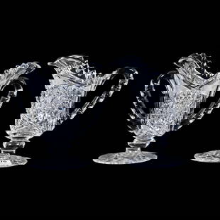 Pedestal Creamer & Sugar, American Brilliant Cut Glass, Hobstar, Strawberry Diamond And Vesica Motif: Pedestal Creamer & Sugar, American Brilliant Cut Glass, Hobstar, Strawberry Diamond And Vesica Motif, 6" x 5.5", Hobstar Cut Foot, Double Notched Handles, Georgia Private Collection.