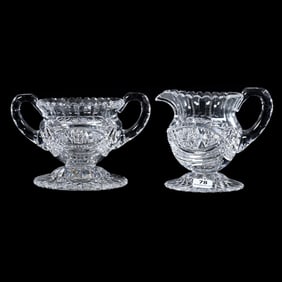 Pedestal Creamer & Sugar, American Brilliant Cut Glass, Vesica, Hobstar, Diamond And Miter Motif