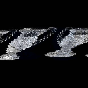 Pedestal Creamer & Sugar, American Brilliant Cut Glass, Vesica, Hobstar, Diamond And Miter Motif: Pedestal Creamer & Sugar, American Brilliant Cut Glass, Vesica, Hobstar, Diamond And Miter Motif, 4.25" x 6.5", Massive Scalloped Hobstar Foot, Double Notched Handles, Georgia Private Collection.