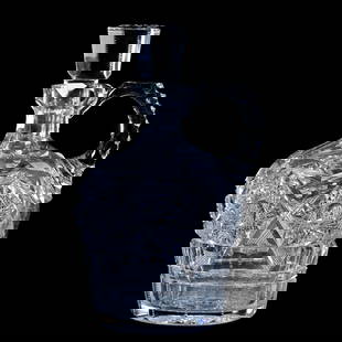 Handled Whiskey Jug, American Brilliant Cut Glass: Handled Whiskey Jug, American Brilliant Cut Glass, 8.25" x 5", Hobstar Chain With Strawberry Diamond And Flute Design, Six-Sided Hobstar Stopper, Triple Notched Handle, Hobstar Cut Base, Light Base