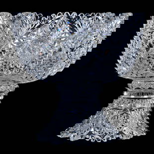 Punch Bowl, Two Part, American Brilliant Cut Glass: Punch Bowl, Two Part, American Brilliant Cut Glass, 13.5" x 14.25", Ten Alternating Sections Of Cane, Strawberry Diamond And Hobstar Motif, Pattern Matched Base, Some Minor Edge Roughness & Rim Chip