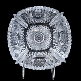 Square Bowl, American Brilliant Cut Glass, Five Large Hobstars With Prism Cut Corners