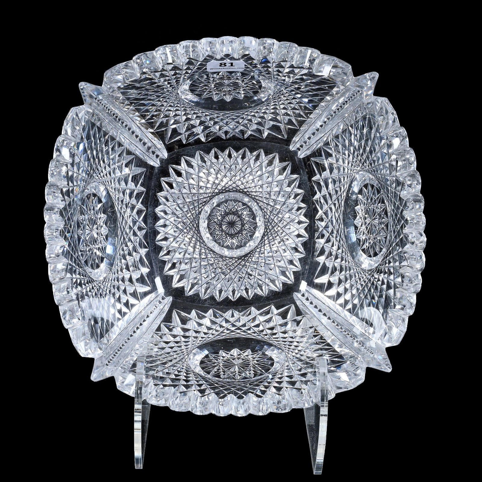 Square Bowl, American Brilliant Cut Glass, Five Large Hobstars With Prism Cut Corners (1 of 4)