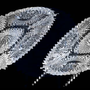 Square Bowl, American Brilliant Cut Glass, Five Large Hobstars With Prism Cut Corners: Square Bowl, American Brilliant Cut Glass, Five Large Hobstars With Prism Cut Corners, 4.5" x 8.75", One Point With Roughness, Heavy Blank, Mike & Sandra Hackney, Georgia.